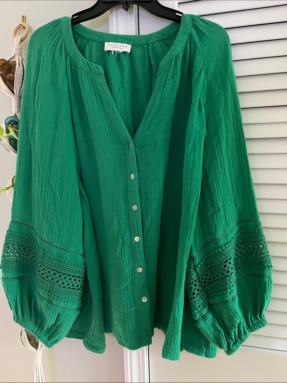Calypso St. Barth Emerald Green Button-Front Peasant Blouse